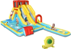 Inflatable Water Slide, 7-in-1 Double Long Slide Inflatable Water Park w/Climbing Wall (with 750W Blower)