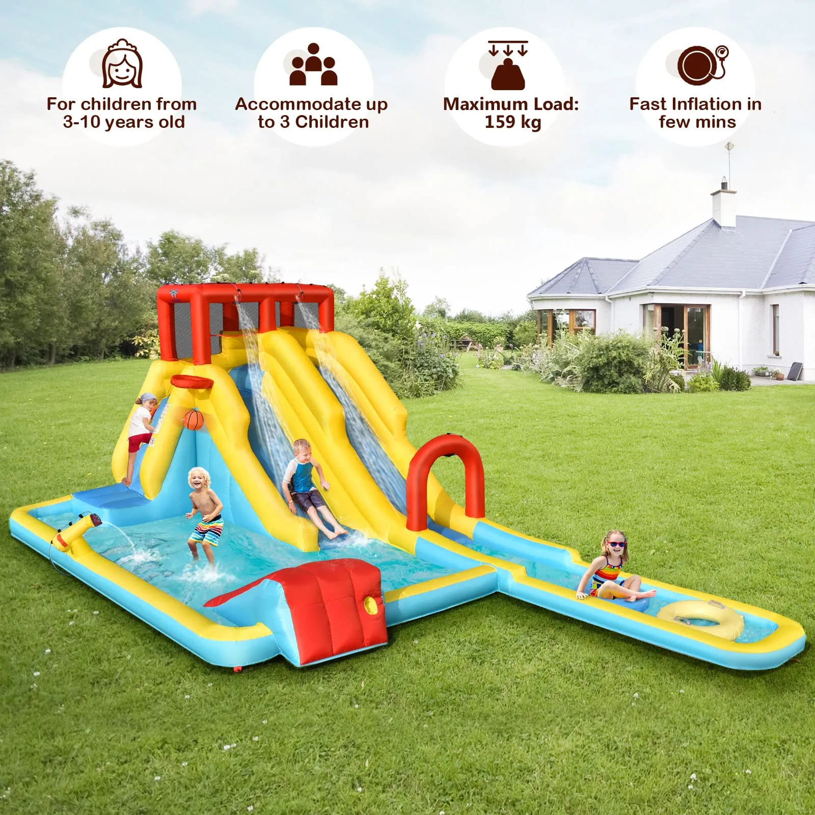 Inflatable Water Slide, 7-in-1 Double Long Slide Inflatable Water Park w/Climbing Wall (with 750W Blower)