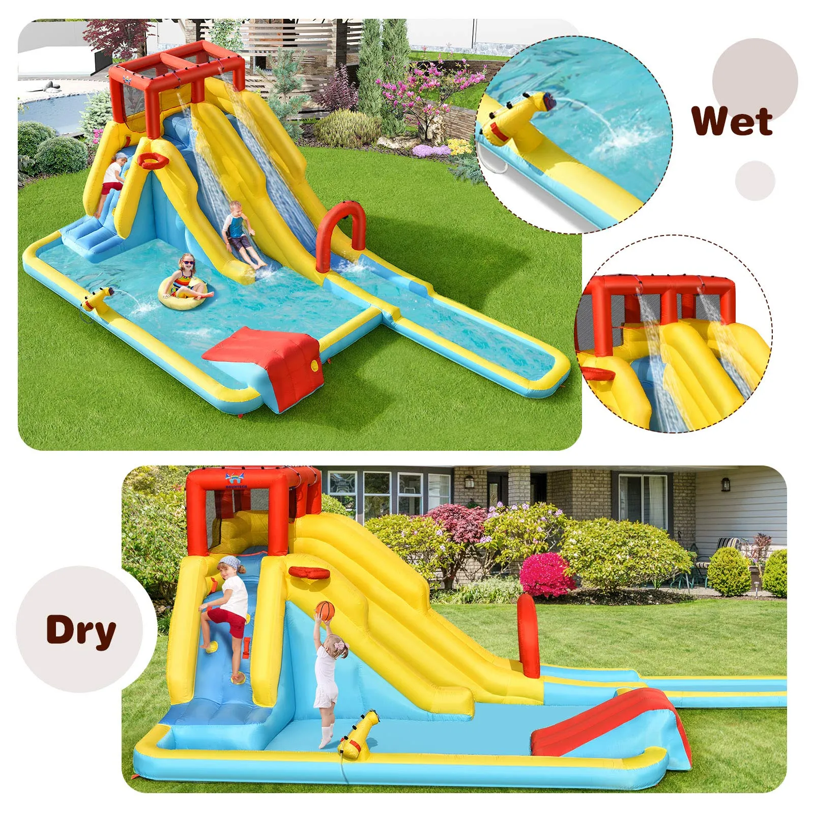 Inflatable Water Slide, 7-in-1 Double Long Slide Inflatable Water Park w/Climbing Wall (with 750W Blower)