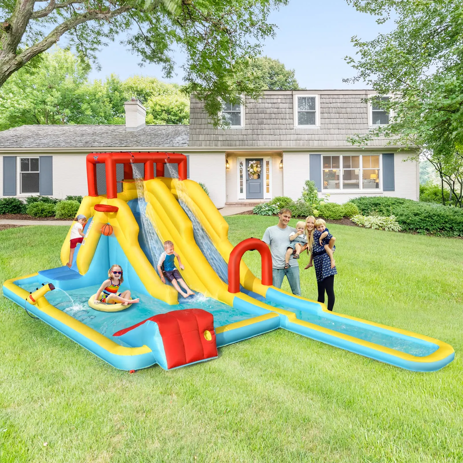 Inflatable Water Slide, 7-in-1 Double Long Slide Inflatable Water Park w/Climbing Wall (with 750W Blower)