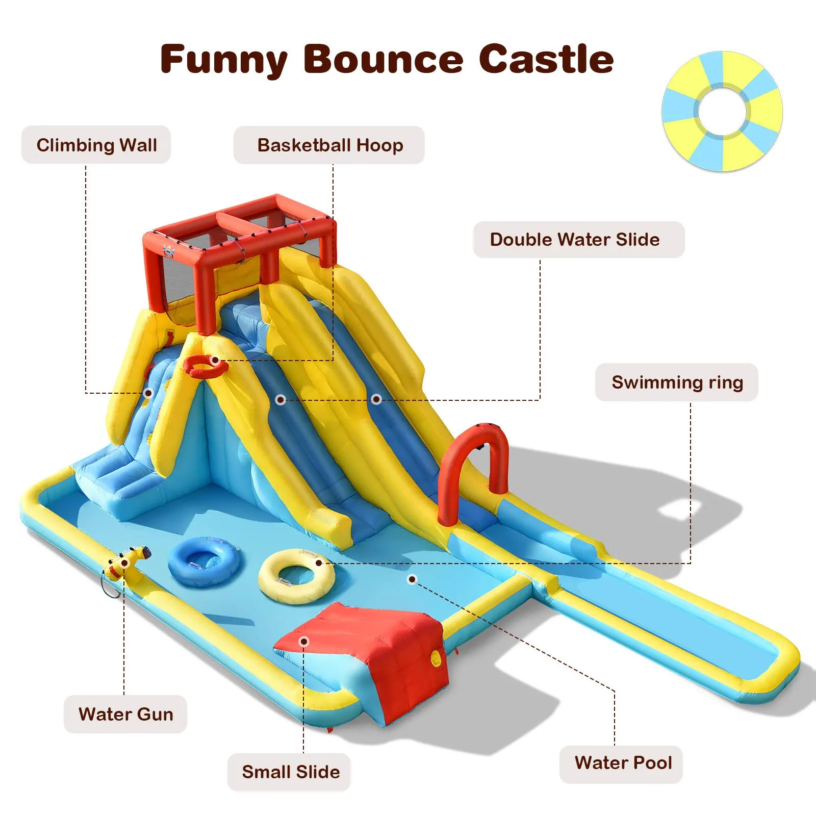 Inflatable Water Slide, 7-in-1 Double Long Slide Inflatable Water Park w/Climbing Wall (with 750W Blower)