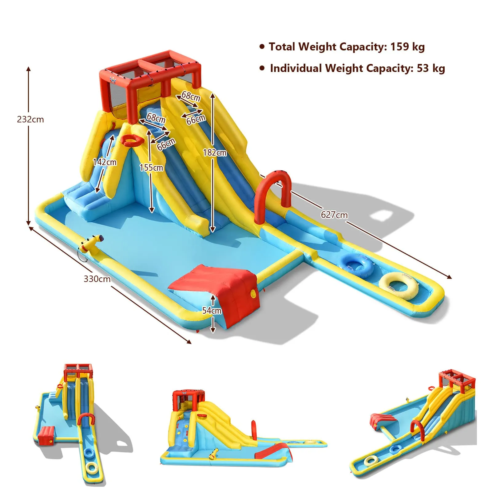 Inflatable Water Slide, 7-in-1 Double Long Slide Inflatable Water Park w/Climbing Wall (with 750W Blower)