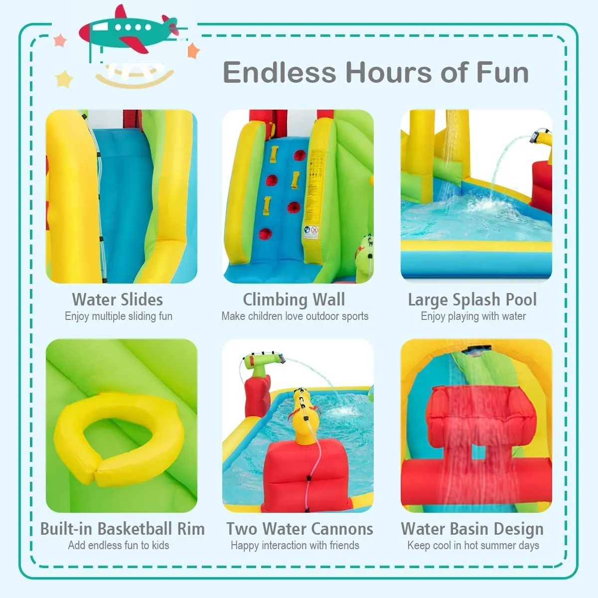 Inflatable Water Slide, 7-in-1 Giant Water Slide Bouncer Park, Tunnel & 2 Water Cannons (without Blower)