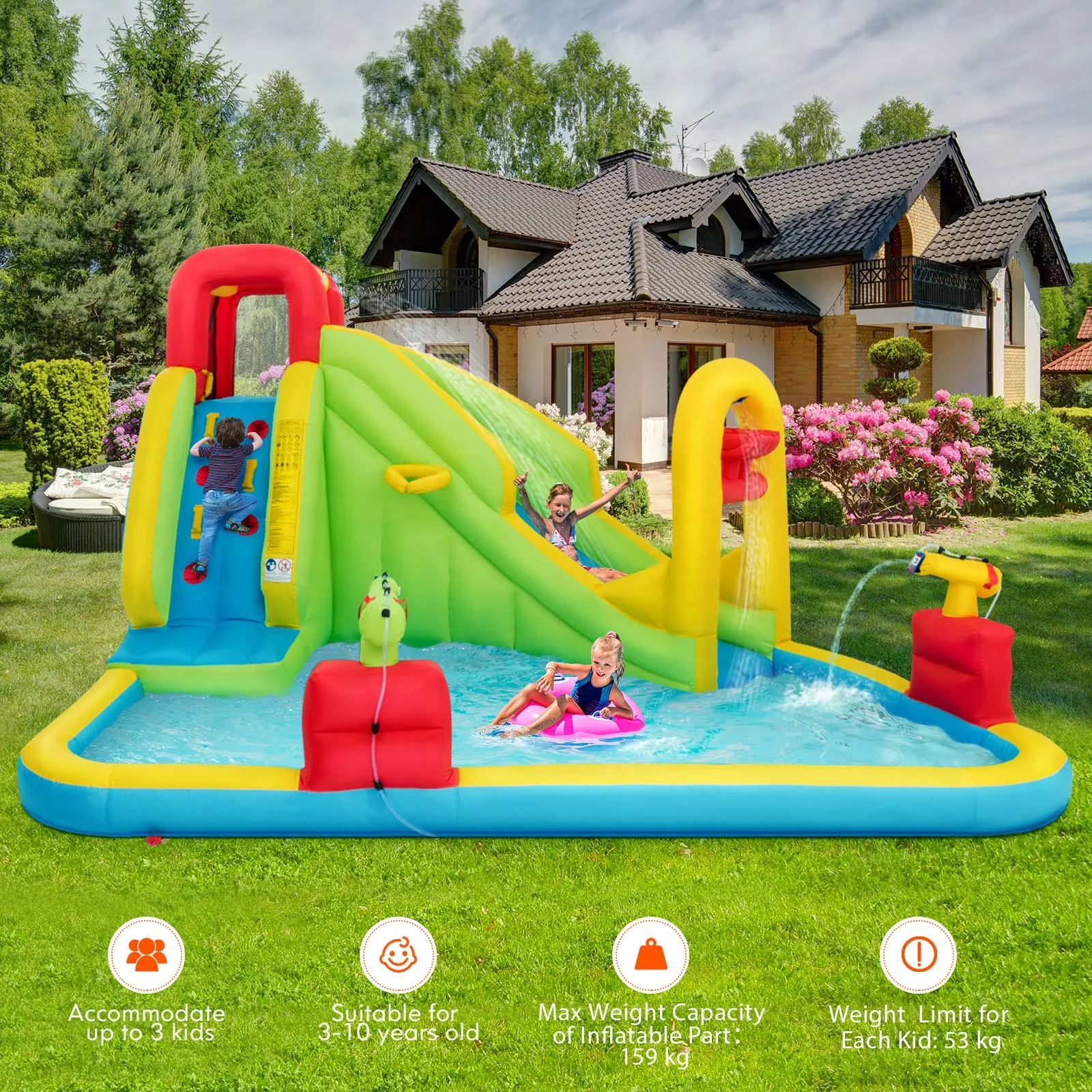 Inflatable Water Slide, 7-in-1 Giant Water Slide Bouncer Park, Tunnel & 2 Water Cannons (without Blower)