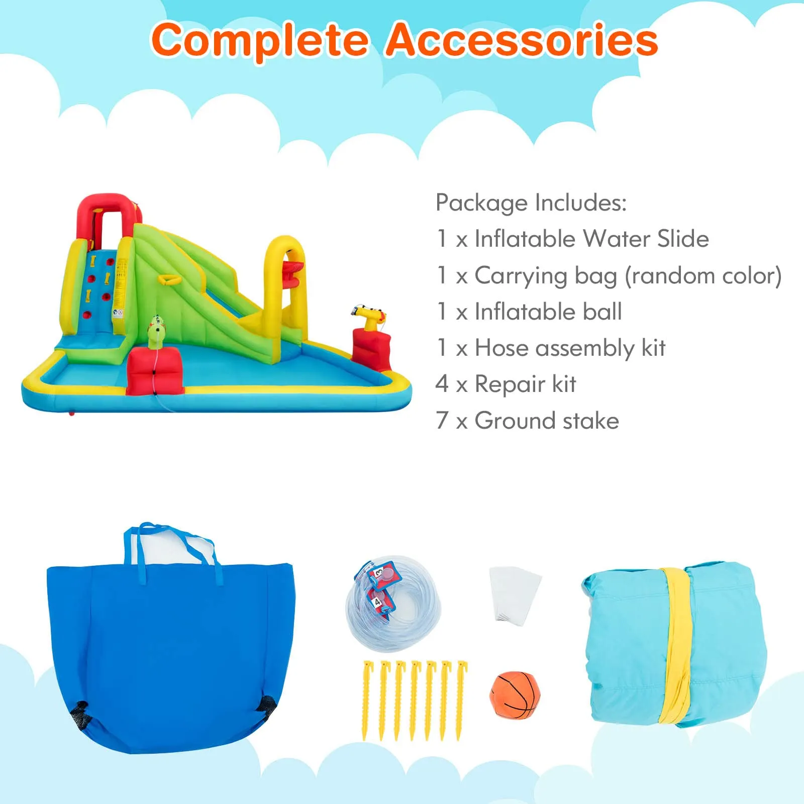Inflatable Water Slide, 7-in-1 Giant Water Slide Bouncer Park, Tunnel & 2 Water Cannons (without Blower)
