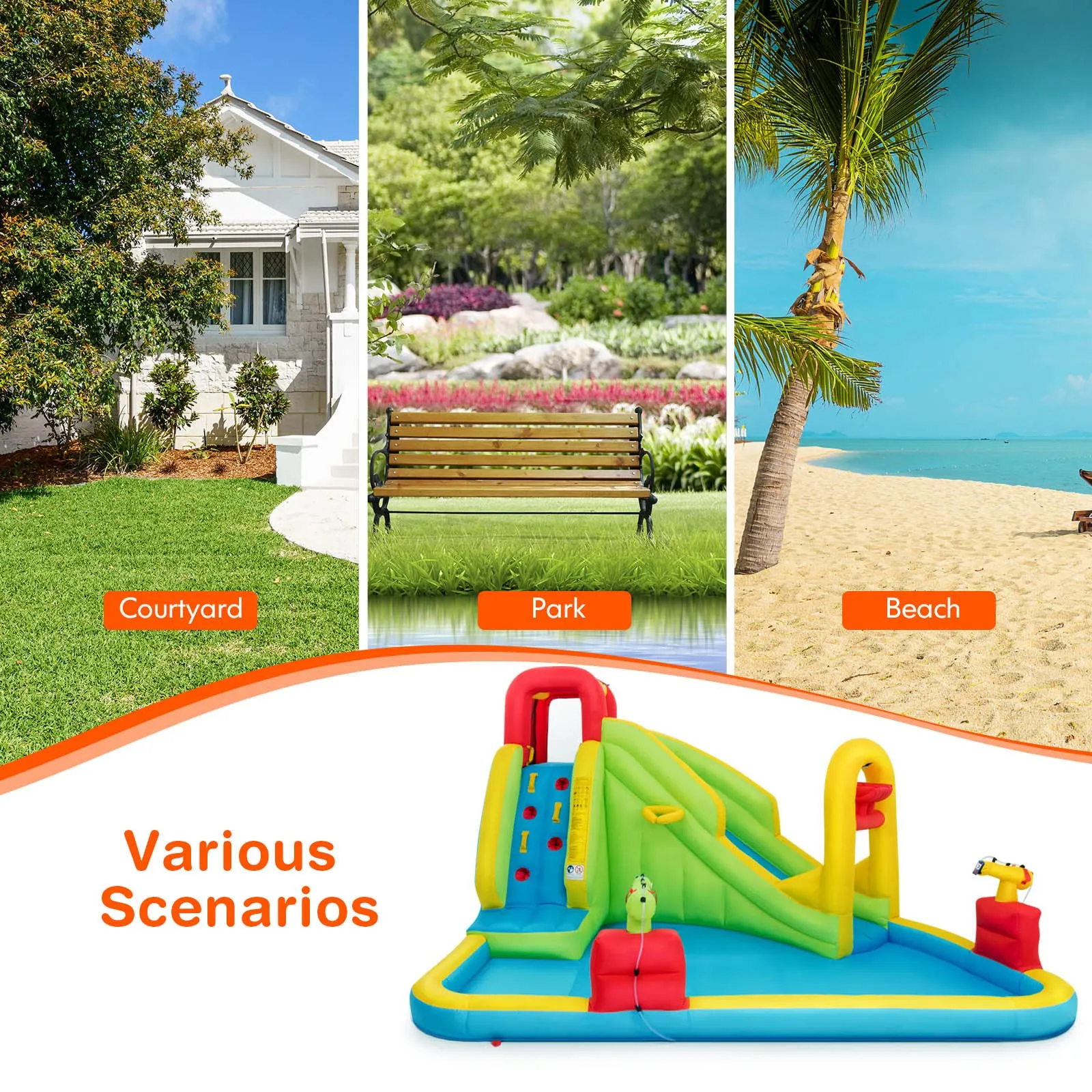 Inflatable Water Slide, 7-in-1 Giant Water Slide Bouncer Park, Tunnel & 2 Water Cannons (without Blower)