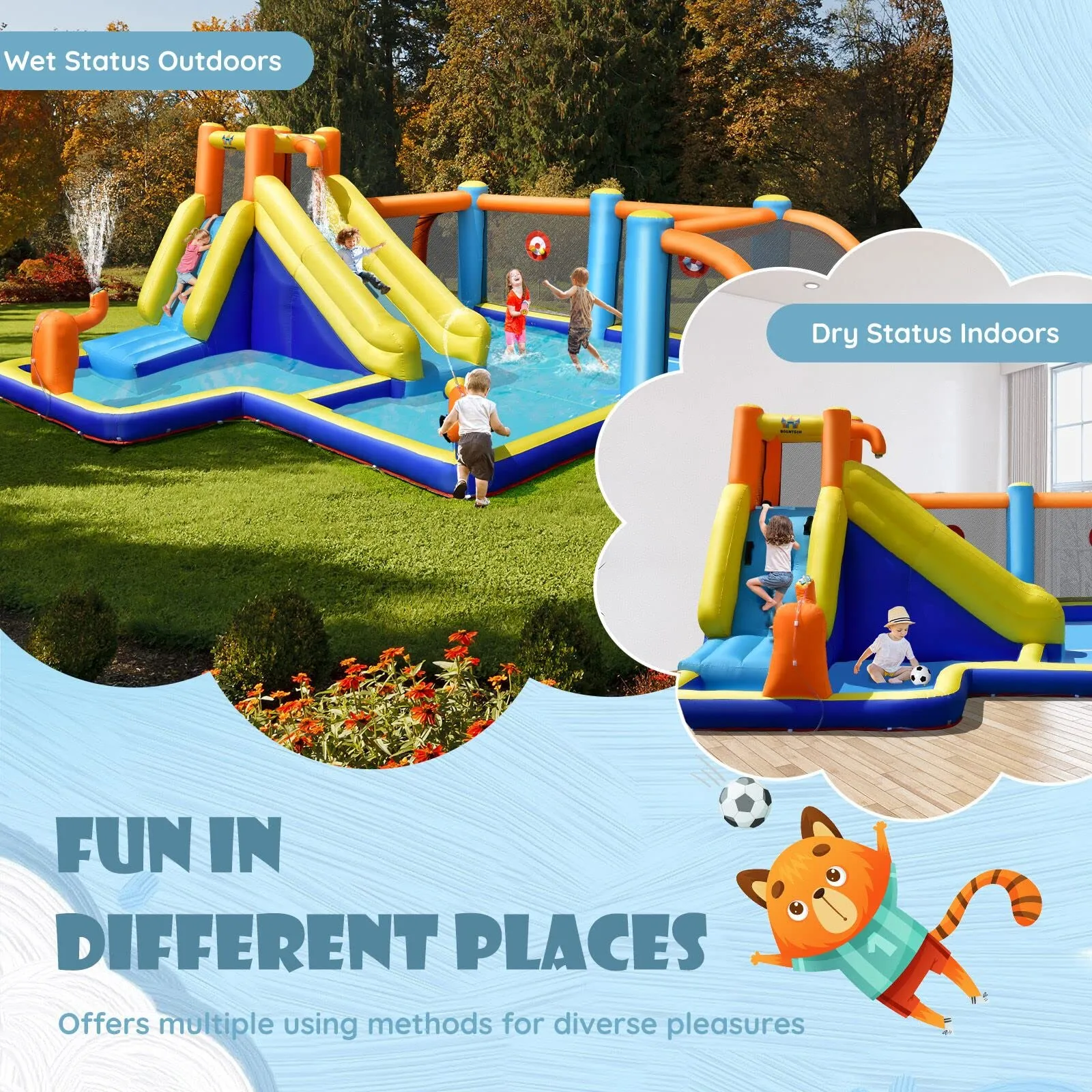 Inflatable Water Slide, 7-in-1 Long Slide Giant Water Park Wet Dry Combo with Water Soccer Splash Pool (with 680W Blower)