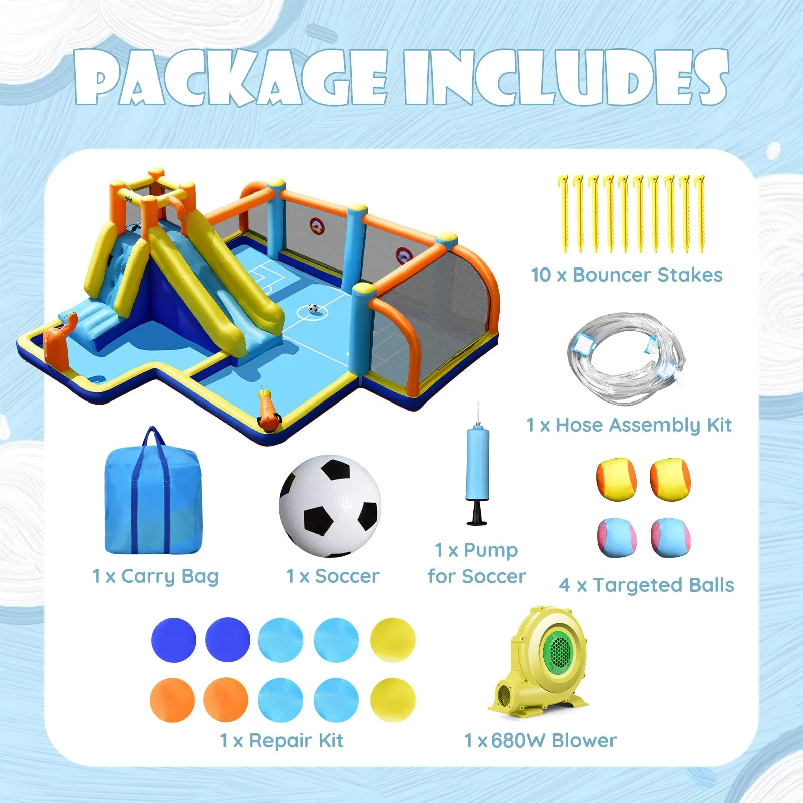 Inflatable Water Slide, 7-in-1 Long Slide Giant Water Park Wet Dry Combo with Water Soccer Splash Pool (with 680W Blower)