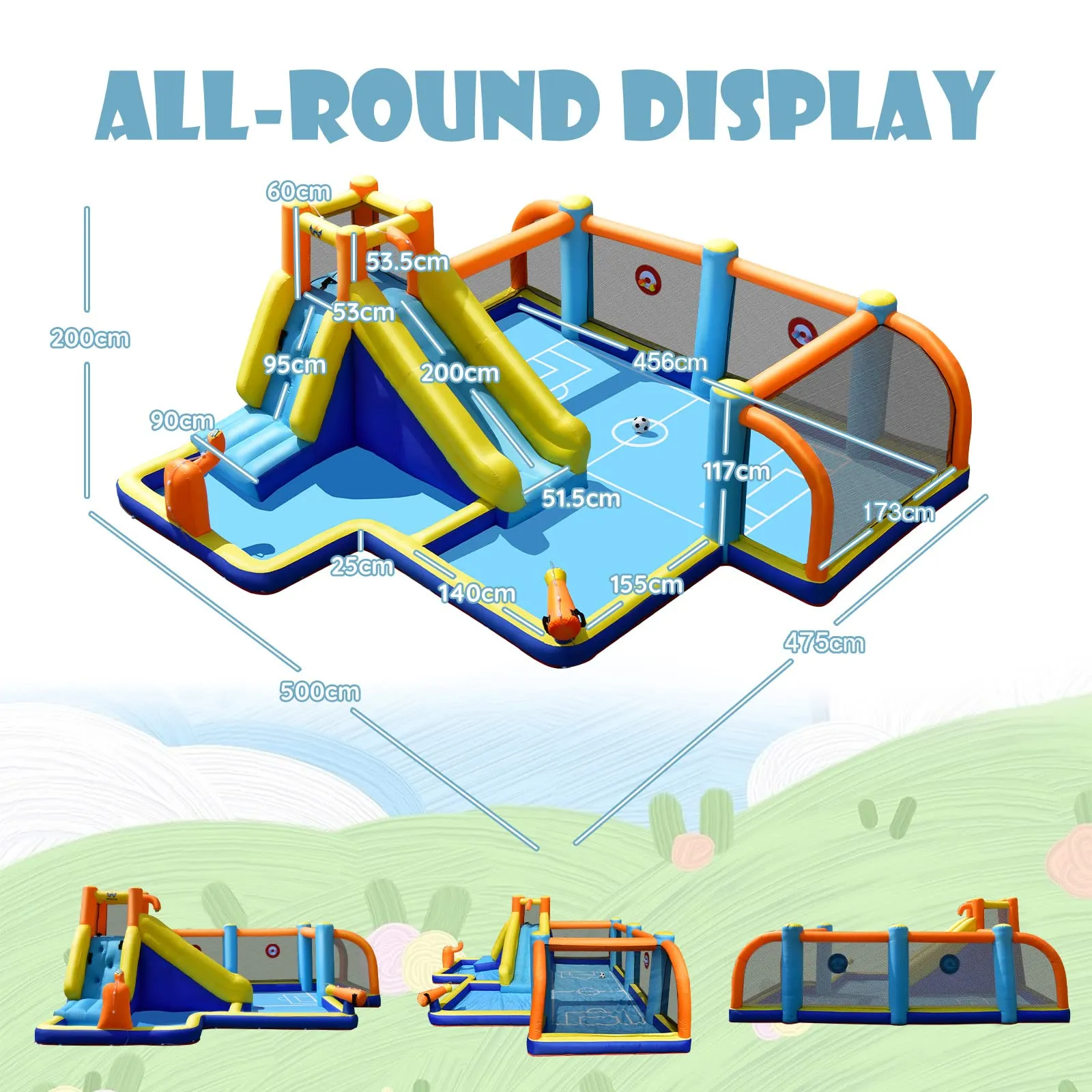 Inflatable Water Slide, 7-in-1 Long Slide Giant Water Park Wet Dry Combo with Water Soccer Splash Pool (with 680W Blower)