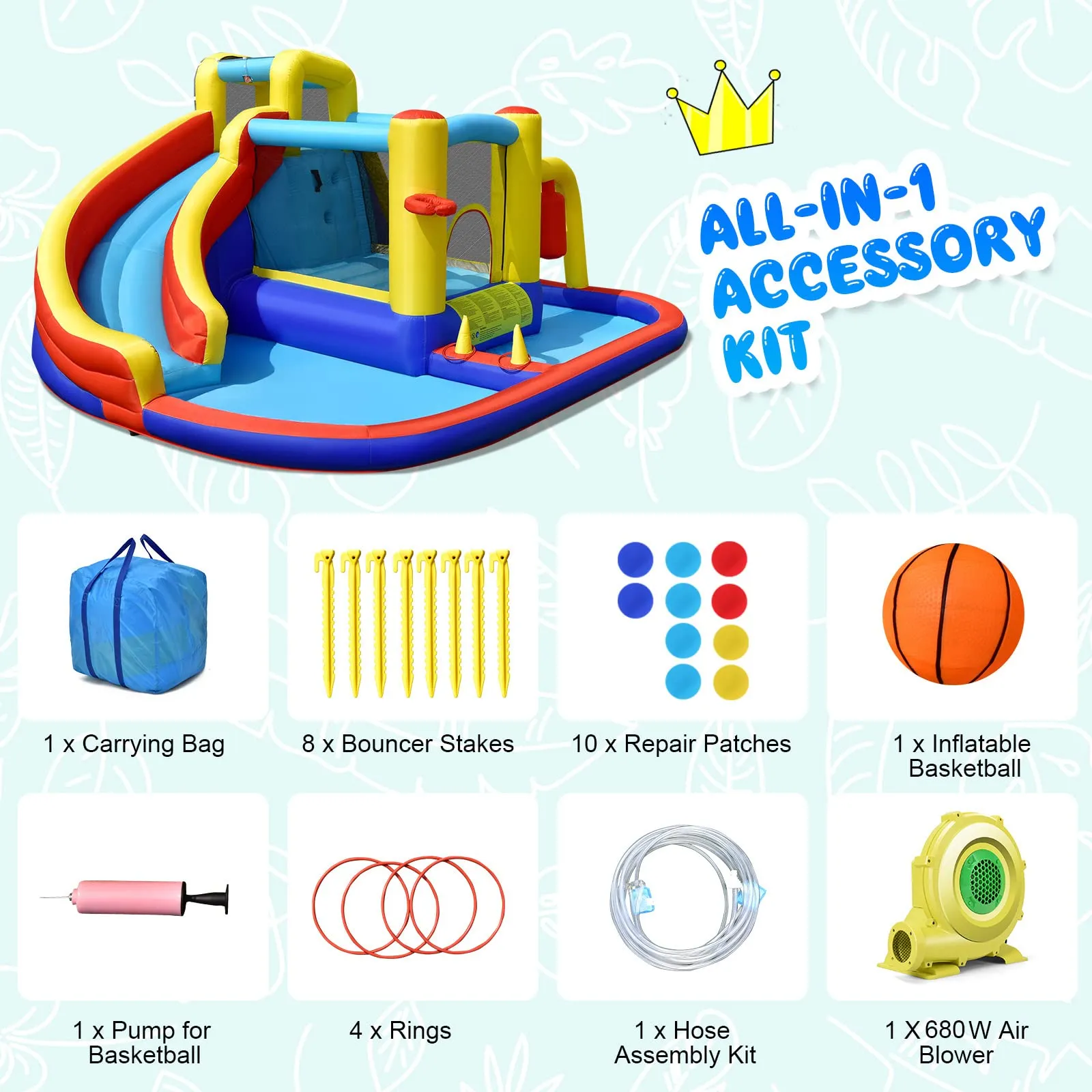 Inflatable Water Slide, 7-in-1 Outdoor Kids Water Bounce House Jumping Castle w/Combo Water Slide(with 680W Blower)