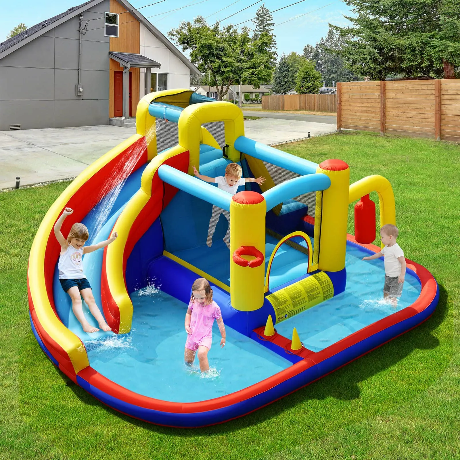Inflatable Water Slide, 7-in-1 Outdoor Kids Water Bounce House Jumping Castle w/Combo Water Slide(with 680W Blower)
