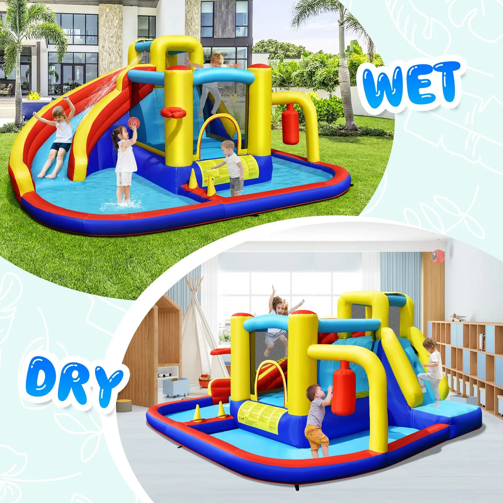 Inflatable Water Slide, 7-in-1 Outdoor Kids Water Bounce House Jumping Castle w/Combo Water Slide(with 680W Blower)