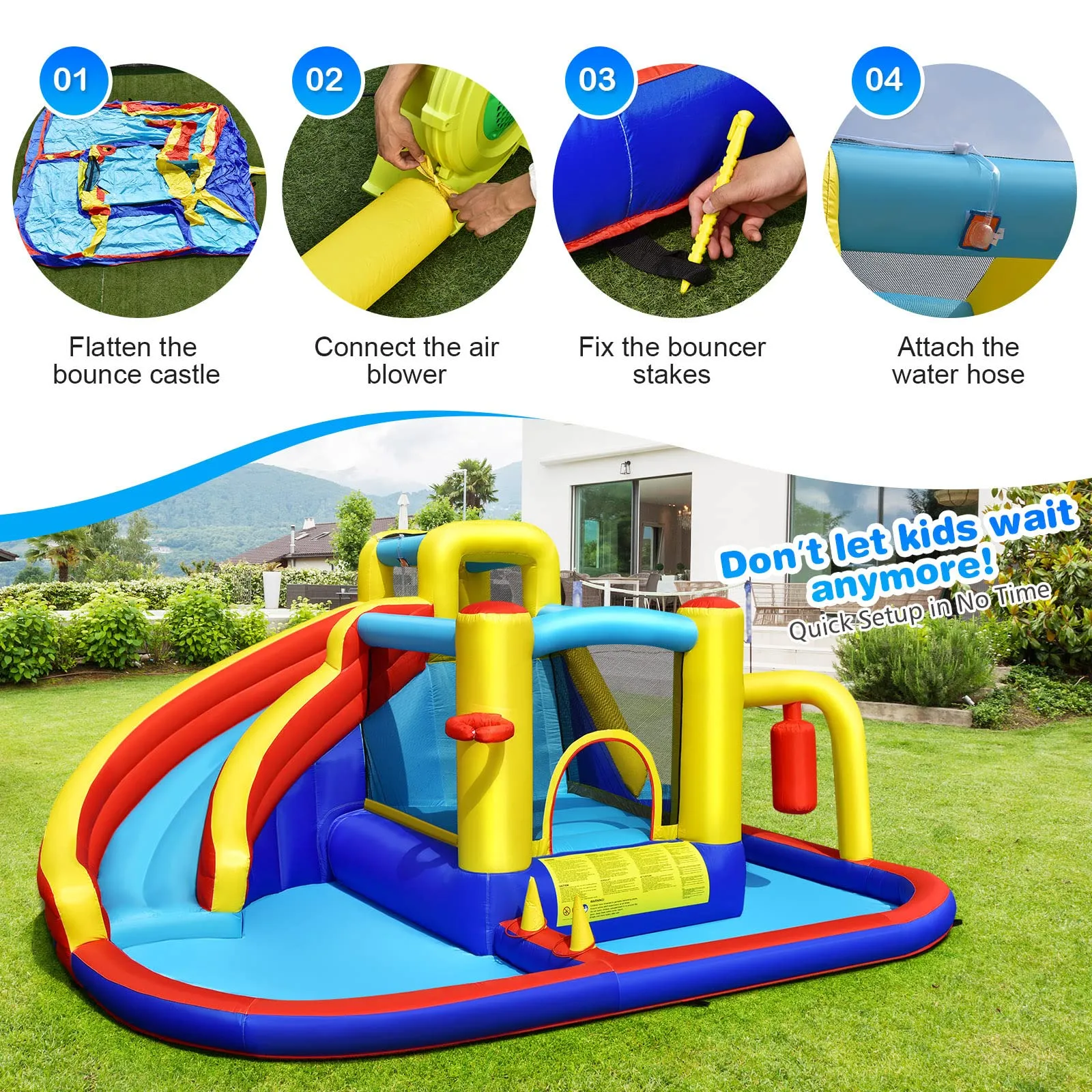Inflatable Water Slide, 7-in-1 Outdoor Kids Water Bounce House Jumping Castle w/Combo Water Slide(with 680W Blower)