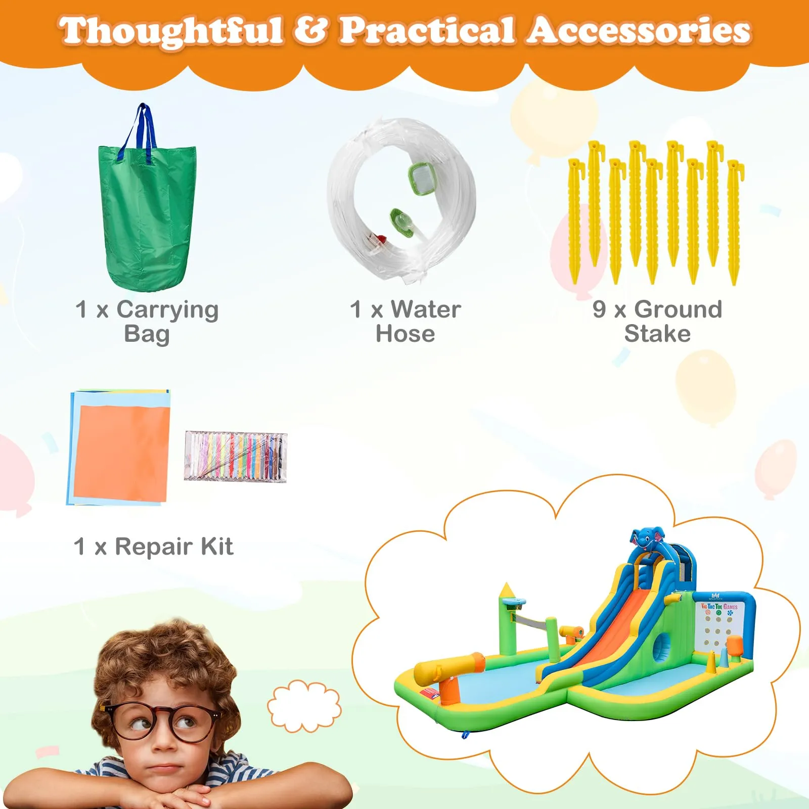 Inflatable Water Slide, 9-in-1 Water Park Jumping Castle W/Ring-toss Game, Volleyball Area, Basketball Hoop