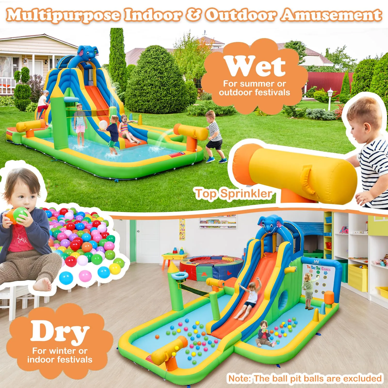 Inflatable Water Slide, 9-in-1 Water Park Jumping Castle W/Ring-toss Game, Volleyball Area, Basketball Hoop