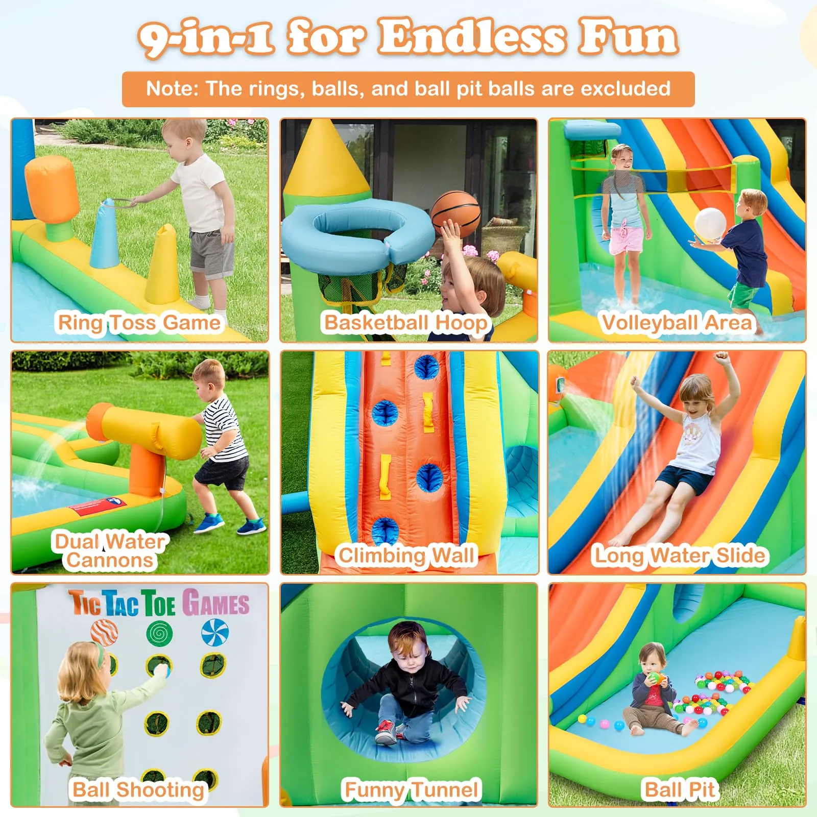 Inflatable Water Slide, 9-in-1 Water Park Jumping Castle W/Ring-toss Game, Volleyball Area, Basketball Hoop