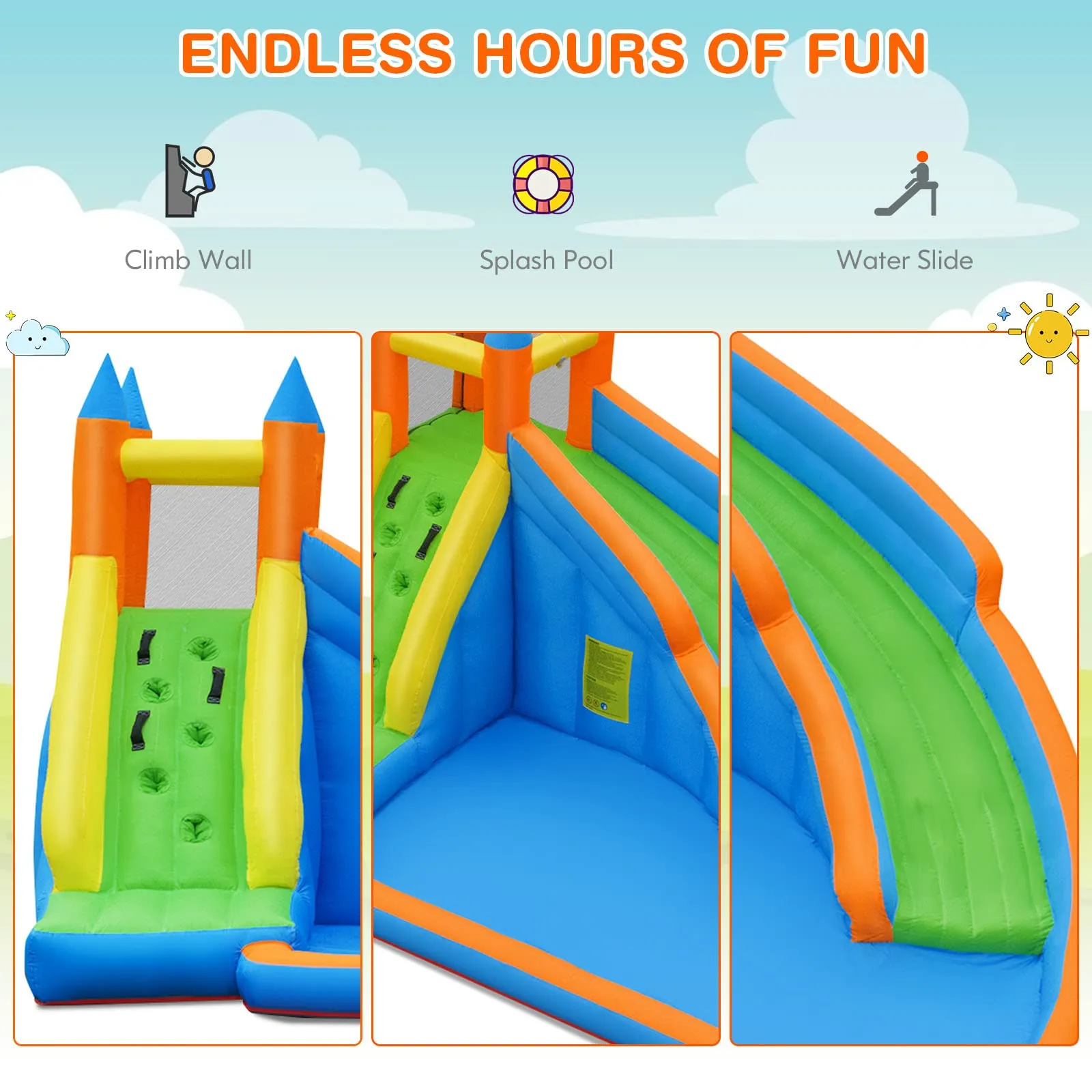 Inflatable Water Slide Bouncer, Children Wet & Dry Bounce House with Climbing Wall (with 450W Blower)