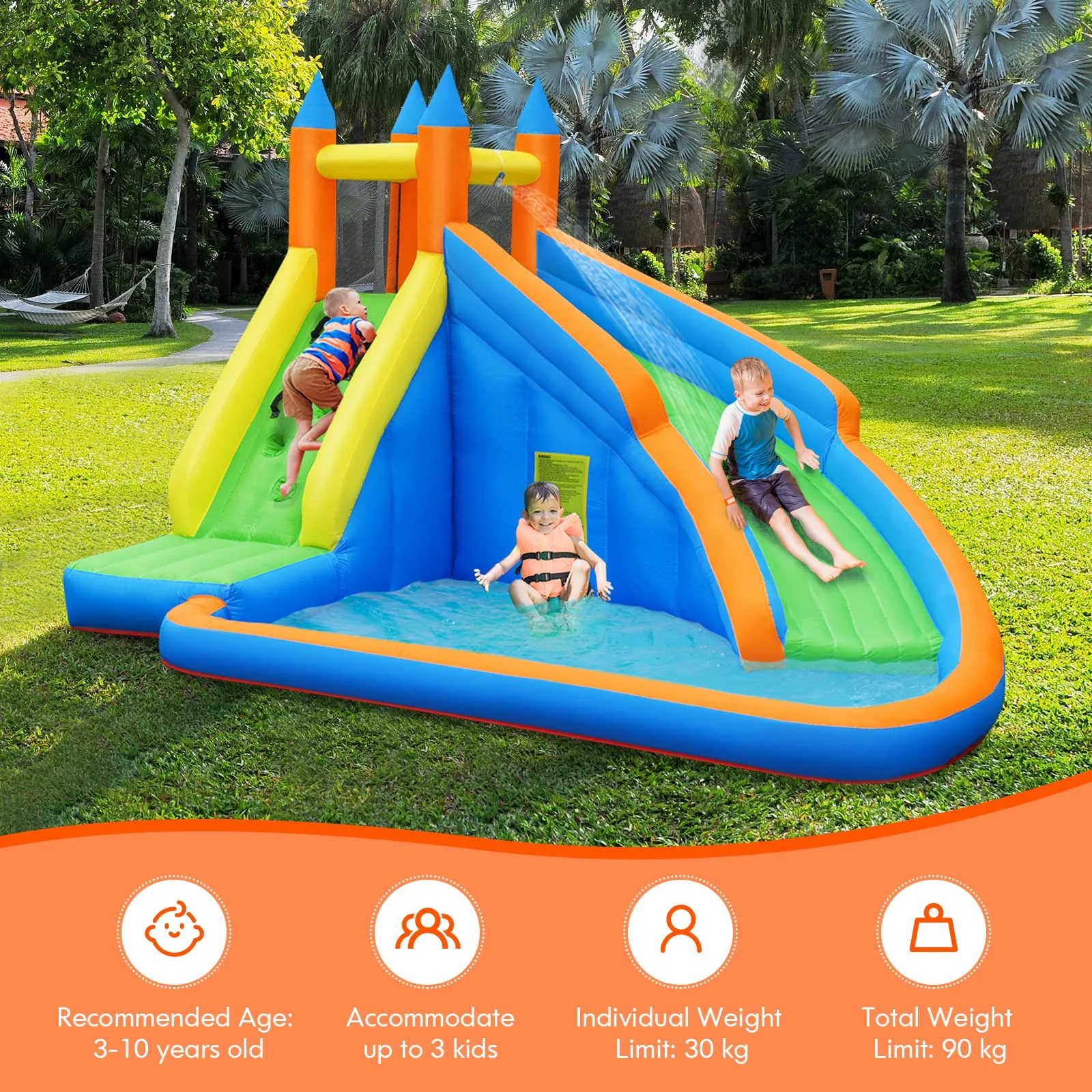 Inflatable Water Slide Bouncer, Children Wet & Dry Bounce House with Climbing Wall (with 450W Blower)