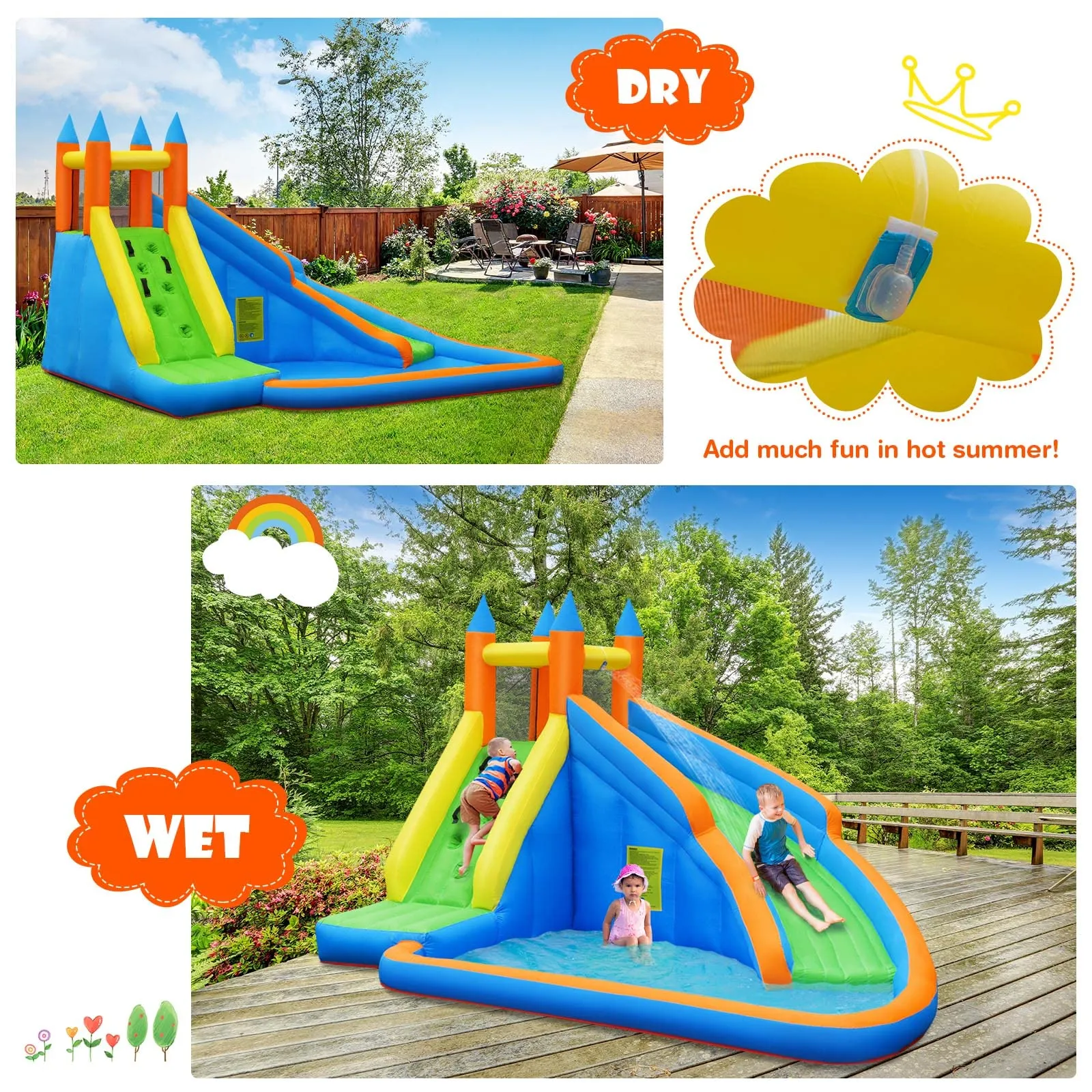 Inflatable Water Slide Bouncer, Children Wet & Dry Bounce House with Climbing Wall (with 450W Blower)