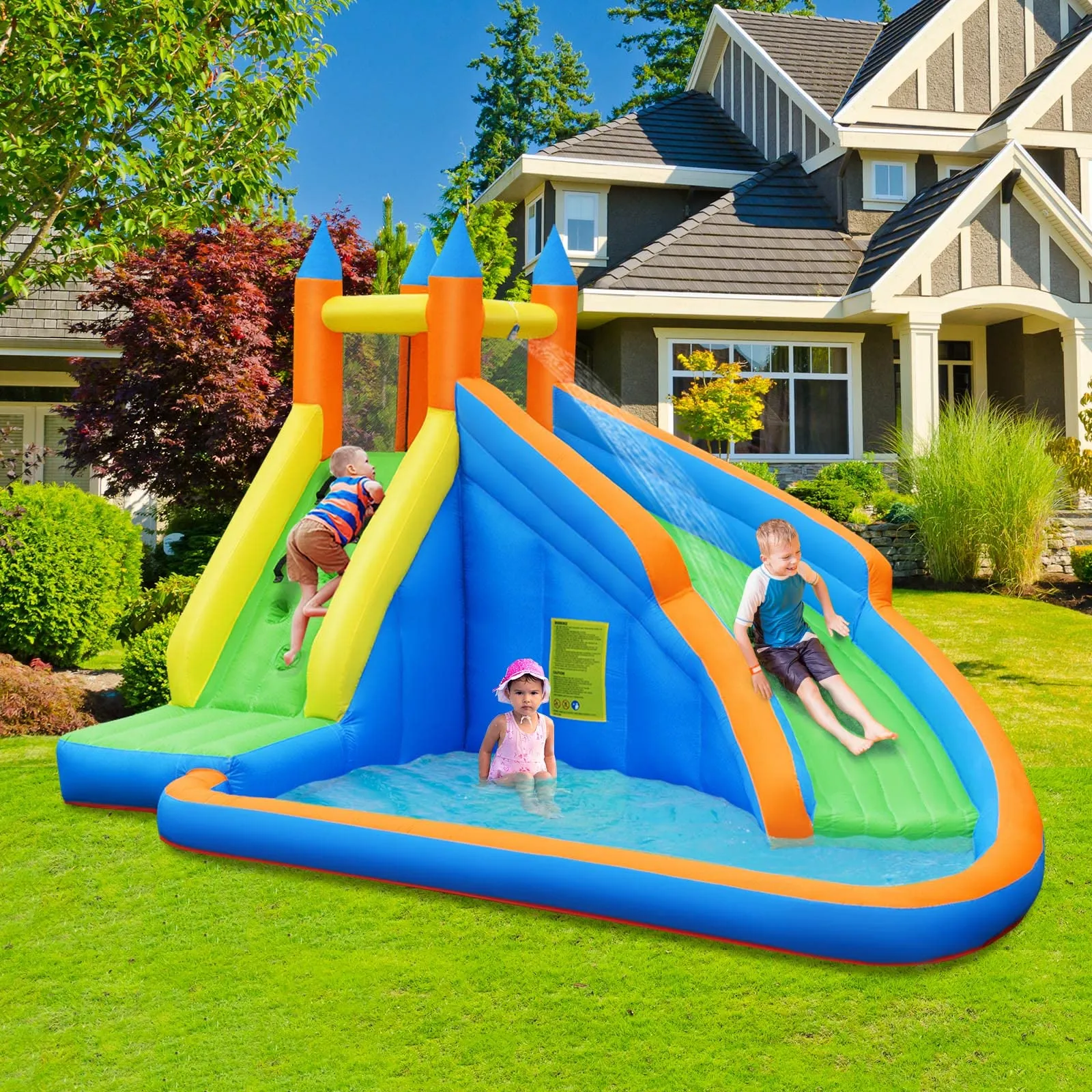 Inflatable Water Slide Bouncer, Children Wet & Dry Bounce House with Climbing Wall (with 450W Blower)