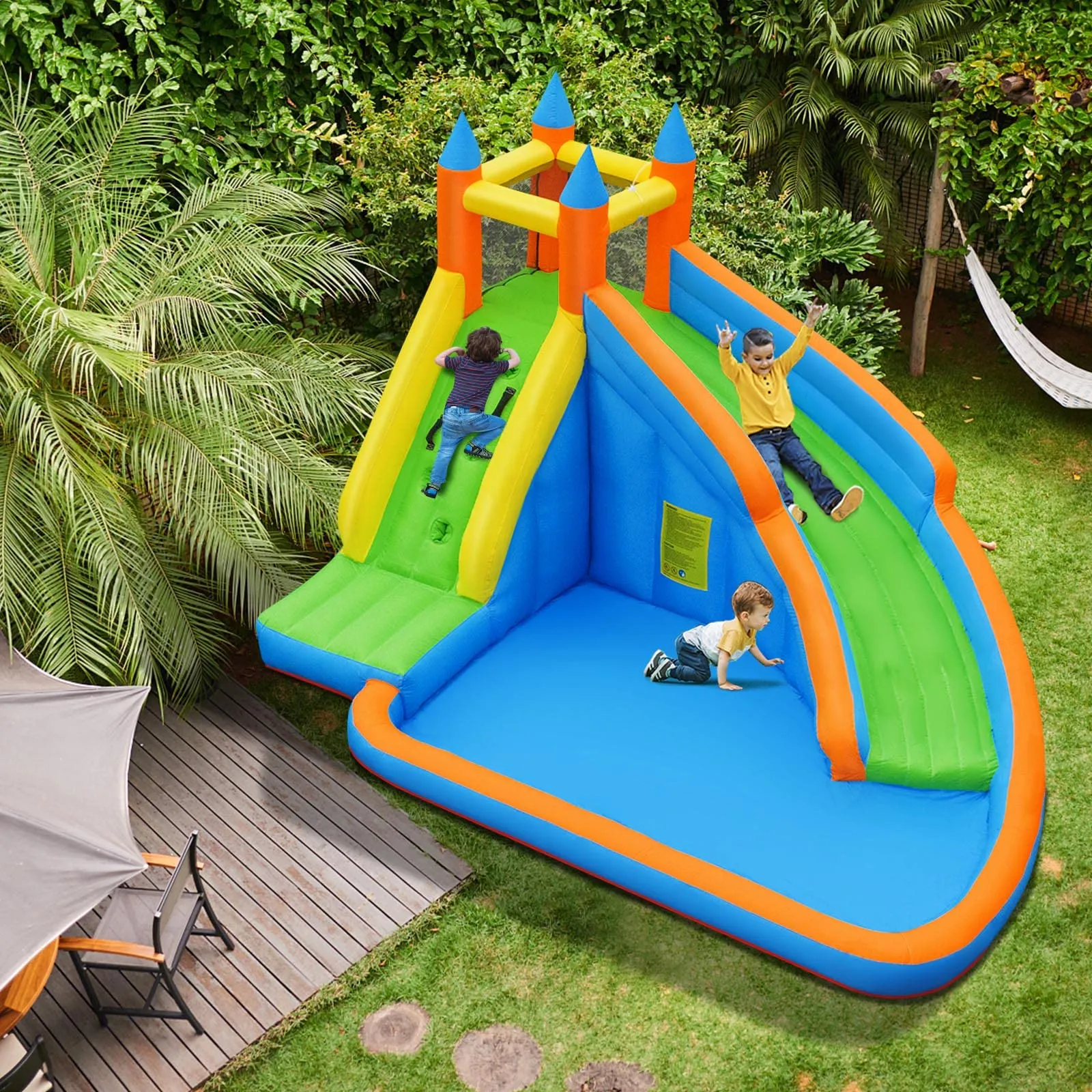 Inflatable Water Slide Bouncer, Children Wet & Dry Bounce House with Climbing Wall (with 450W Blower)