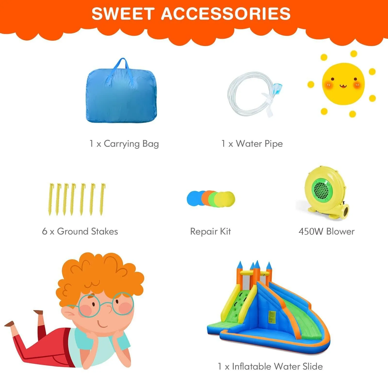 Inflatable Water Slide Bouncer, Children Wet & Dry Bounce House with Climbing Wall (with 450W Blower)