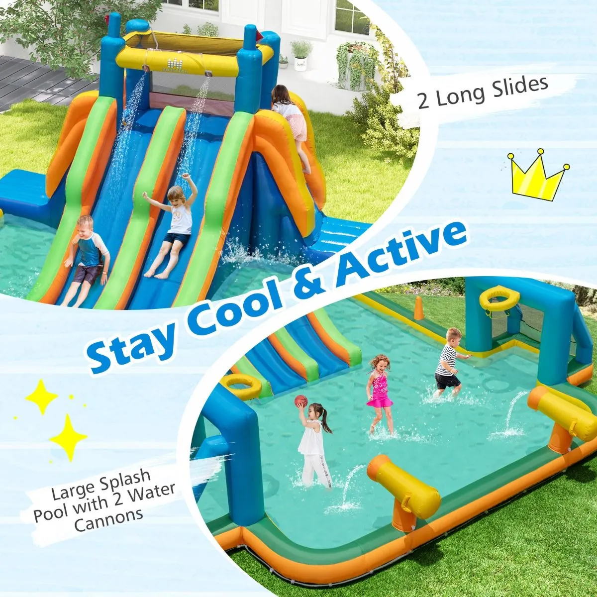 Inflatable Water Slide Water Park with 2 Long Slides and Soccer Gates (Without Blower)