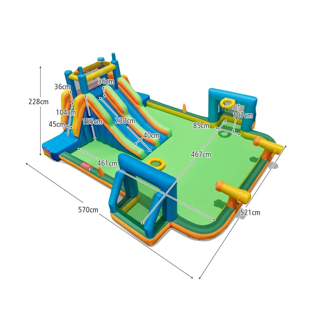 Inflatable Water Slide Water Park with 2 Long Slides and Soccer Gates (Without Blower)
