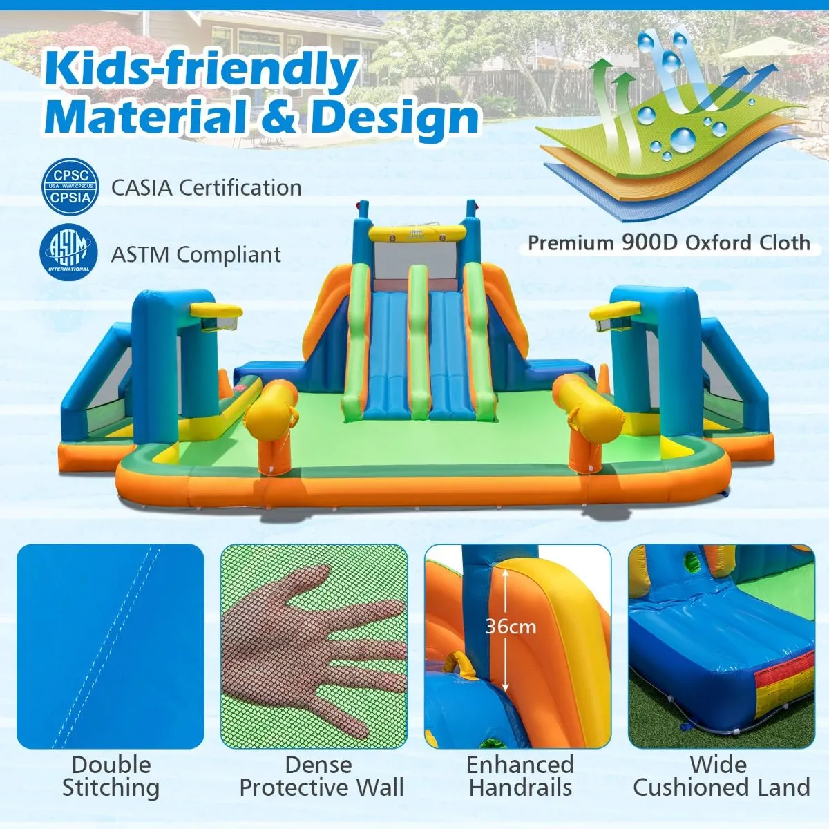 Inflatable Water Slide Water Park with 2 Long Slides and Soccer Gates (Without Blower)