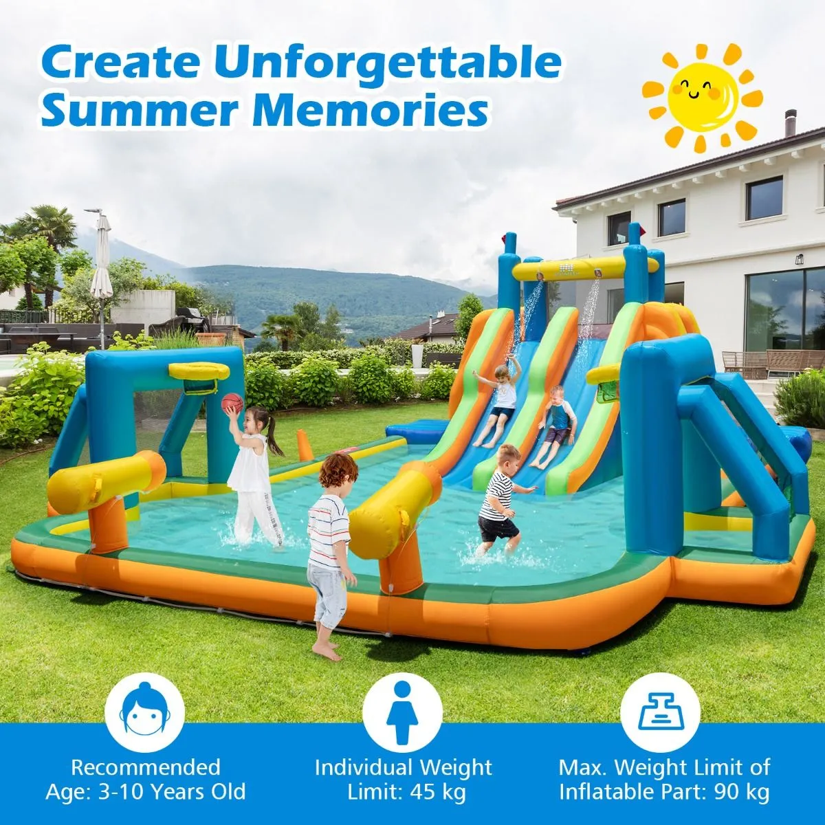 Inflatable Water Slide Water Park with 2 Long Slides and Soccer Gates (Without Blower)