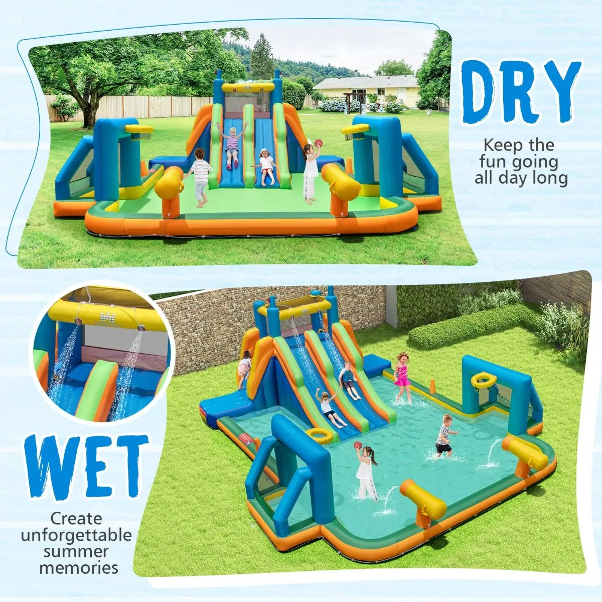 Inflatable Water Slide Water Park with 2 Long Slides and Soccer Gates (Without Blower)