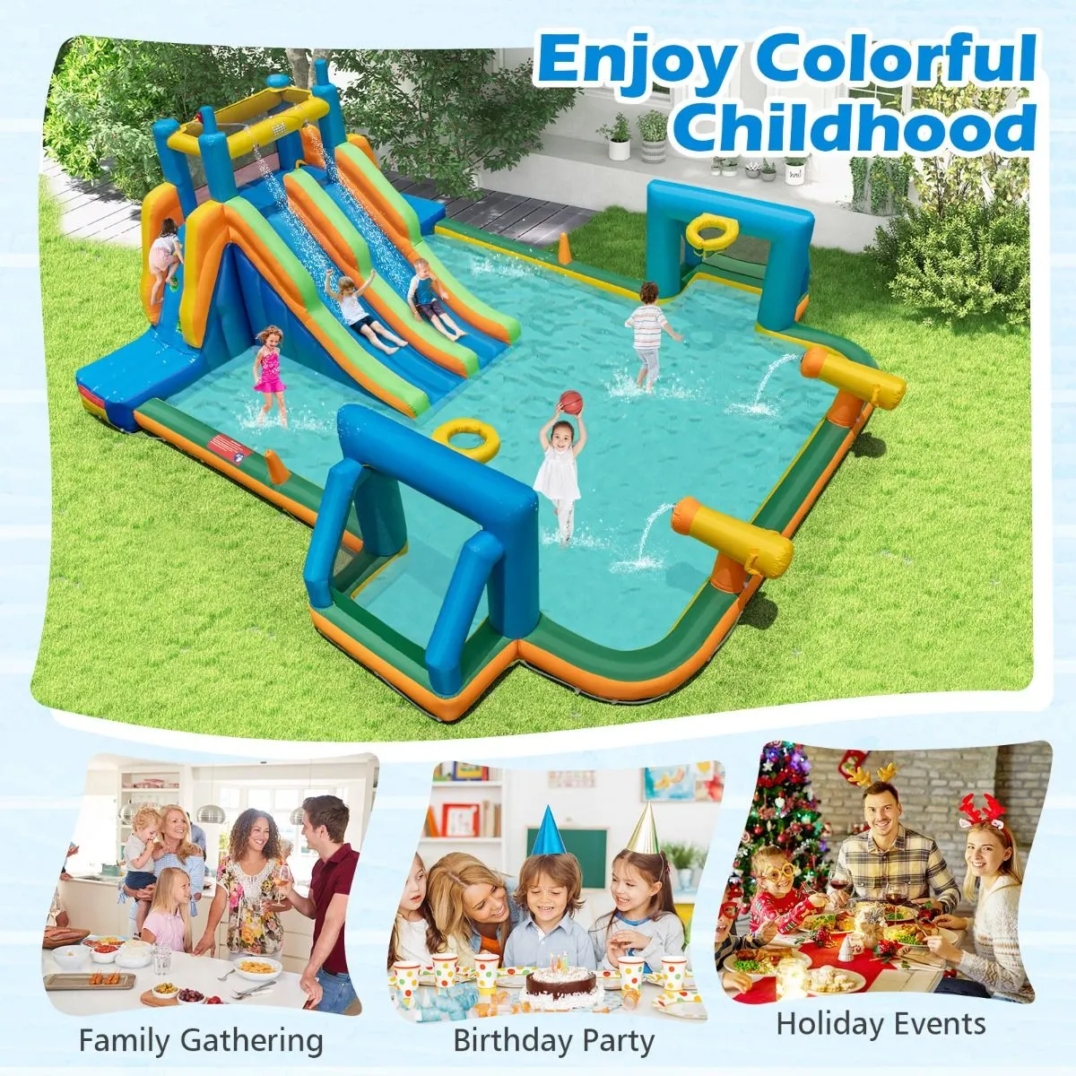 Inflatable Water Slide Water Park with 2 Long Slides and Soccer Gates (Without Blower)
