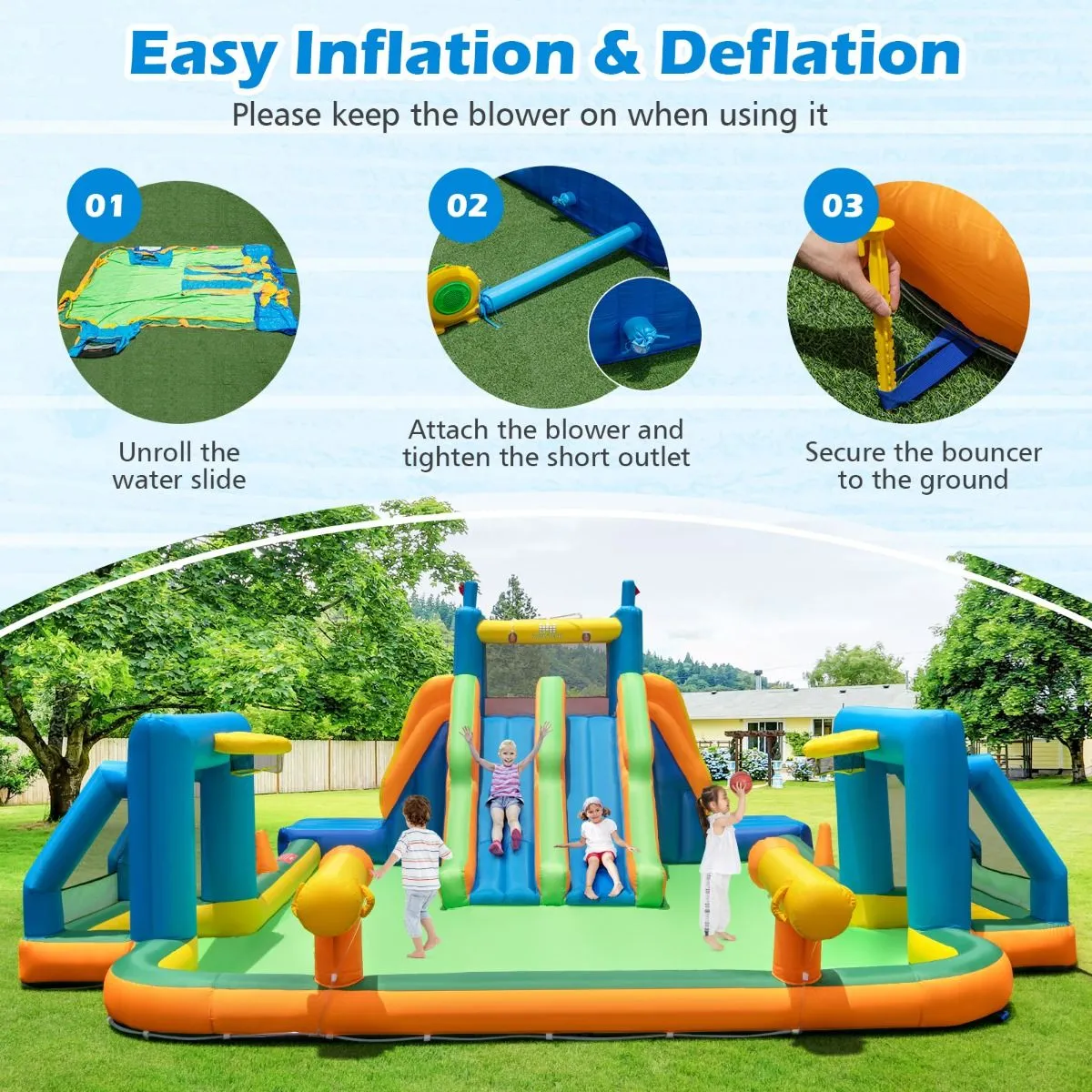 Inflatable Water Slide Water Park with 2 Long Slides and Soccer Gates (Without Blower)