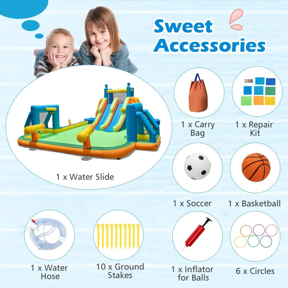 Inflatable Water Slide Water Park with 2 Long Slides and Soccer Gates (Without Blower)