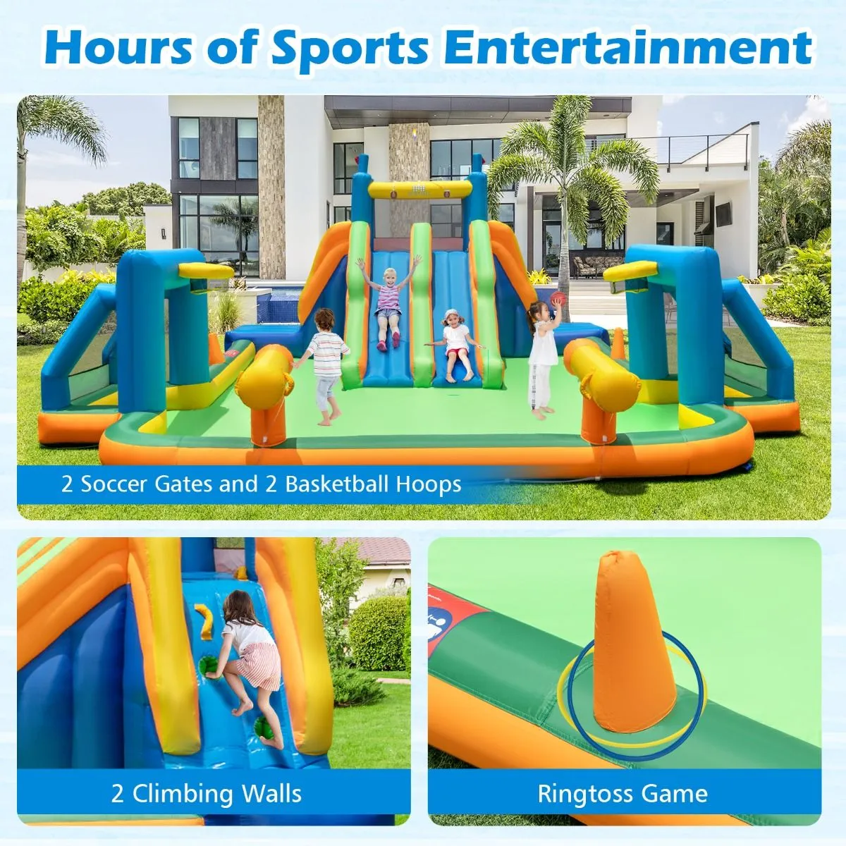 Inflatable Water Slide Water Park with 2 Long Slides and Soccer Gates (Without Blower)