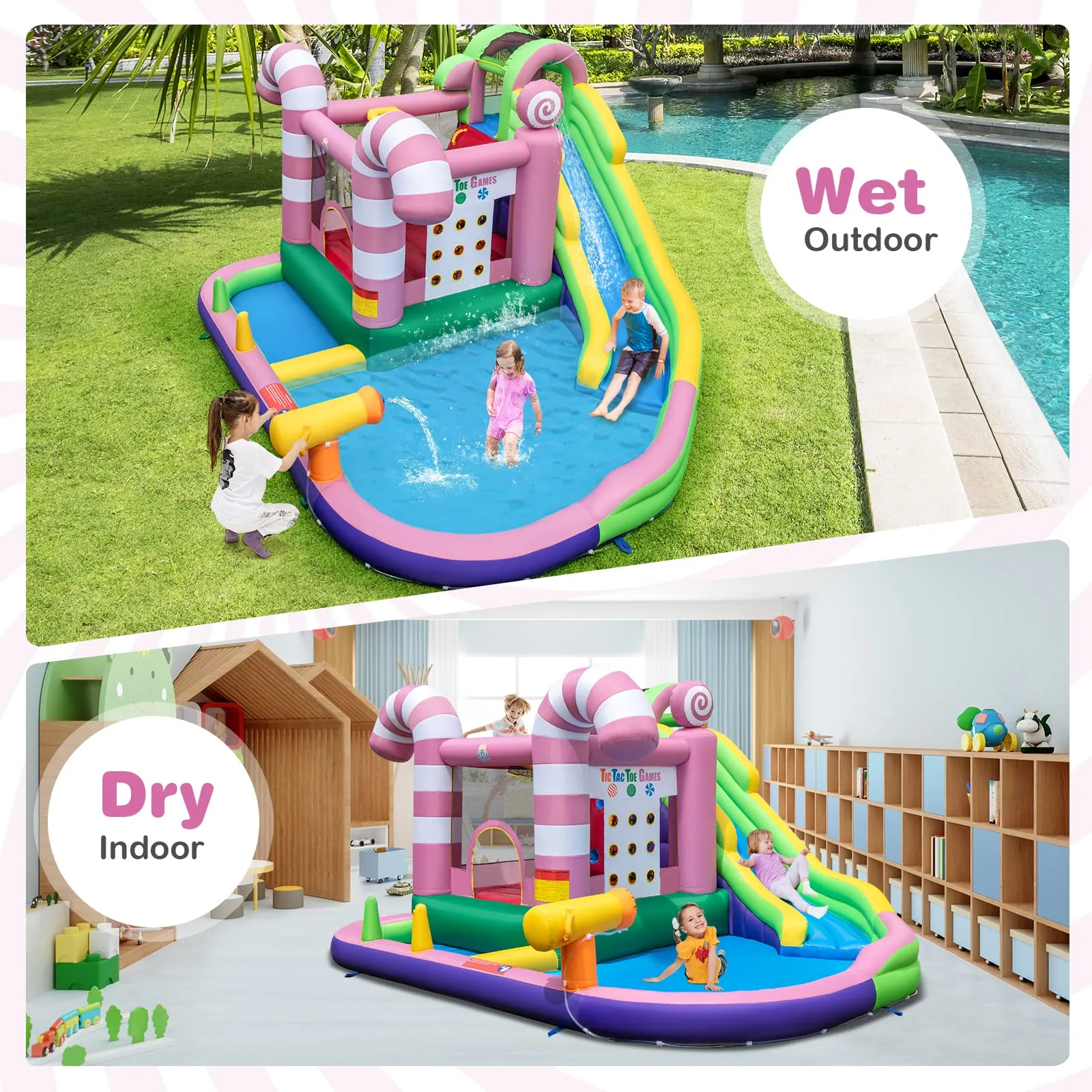 Inflatable Water Slide, Wet Dry Inflatable Water Park Jumping Castle w/Long Slide, Splash Pool (Without Blower)