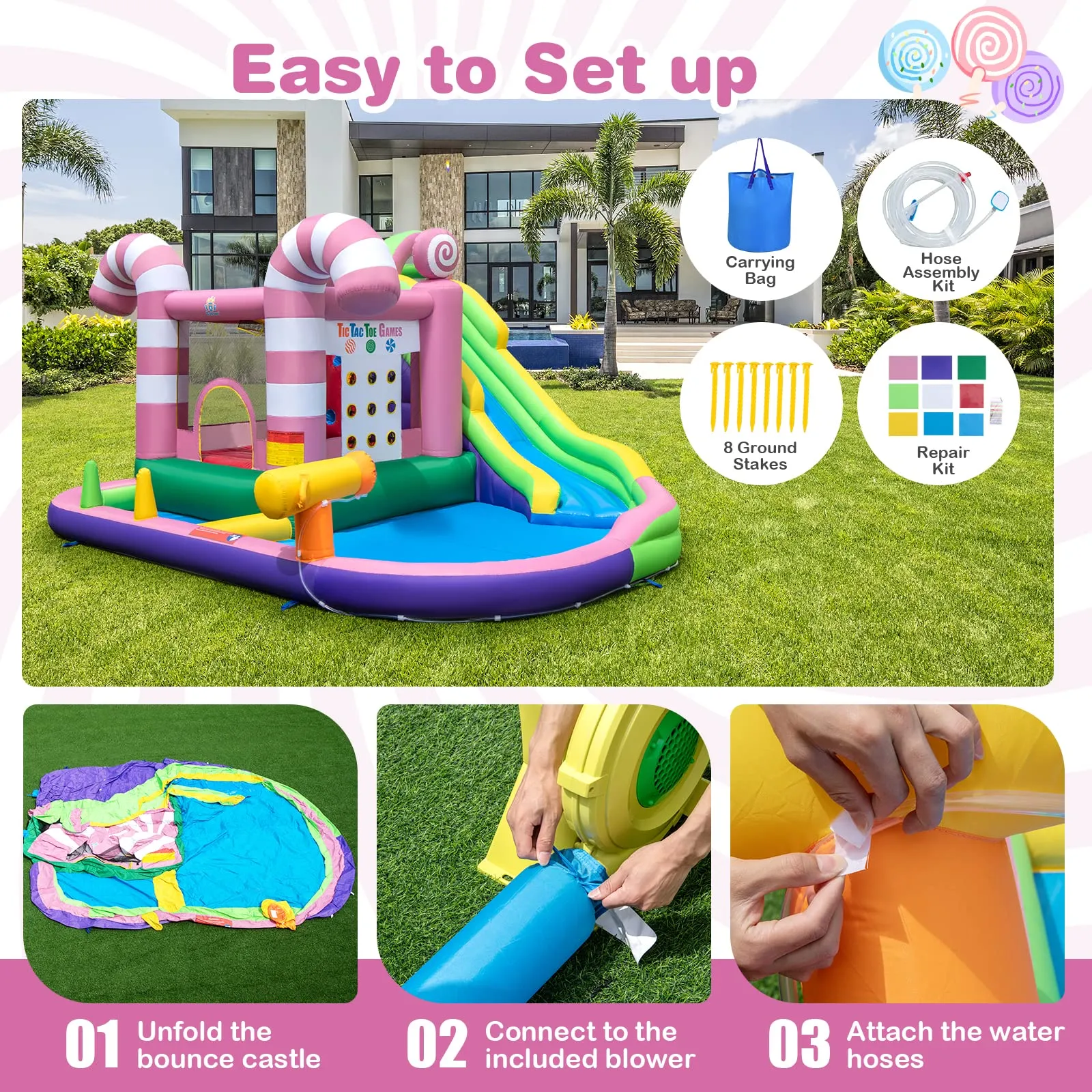 Inflatable Water Slide, Wet Dry Inflatable Water Park Jumping Castle w/Long Slide, Splash Pool (Without Blower)