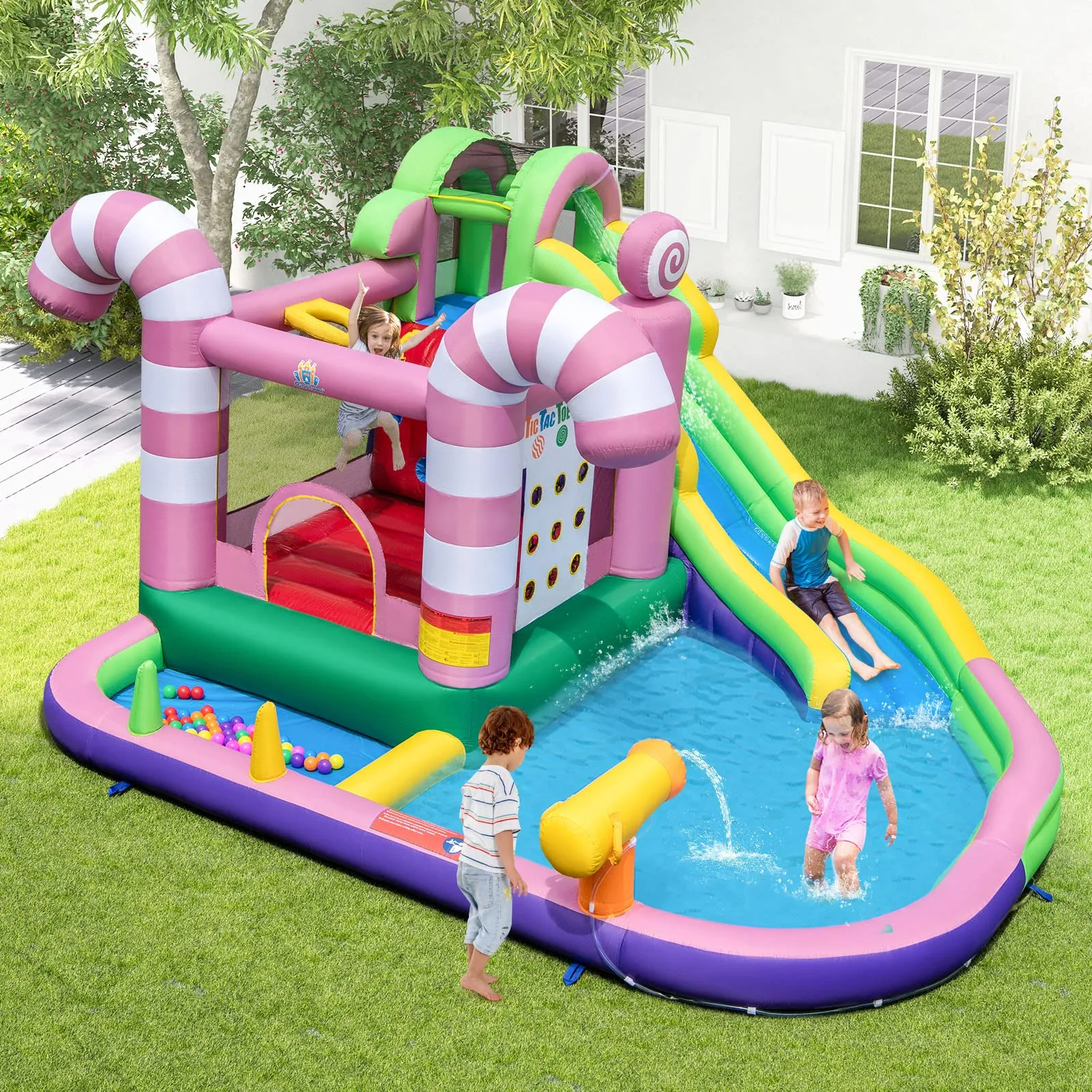 Inflatable Water Slide, Wet Dry Inflatable Water Park Jumping Castle w/Long Slide, Splash Pool (Without Blower)