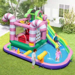 Inflatable Water Slide, Wet Dry Inflatable Water Park Jumping Castle w/Long Slide, Splash Pool (Without Blower)