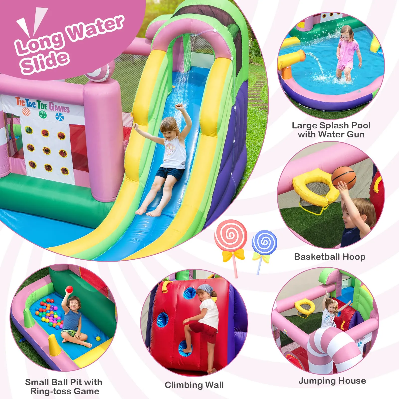 Inflatable Water Slide, Wet Dry Inflatable Water Park Jumping Castle w/Long Slide, Splash Pool (Without Blower)