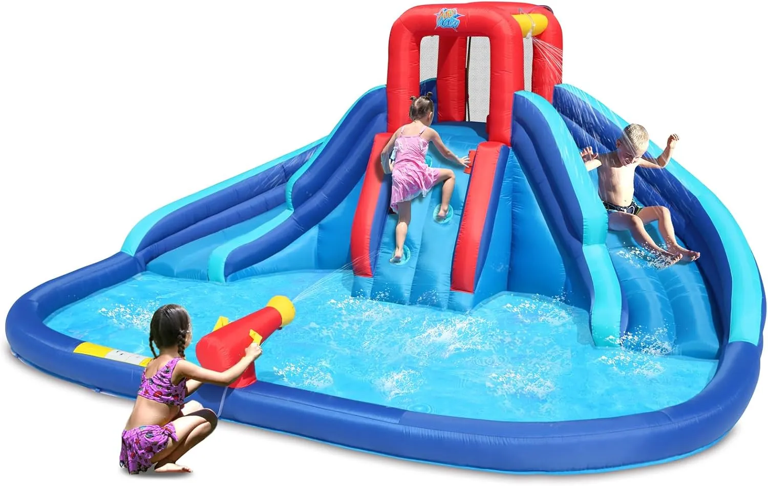 Inflatable Waterslide with Large Pool, Blue rib frequency saturate cerebral Bounce House with Double Slide and Climbing Wall Action Air Water Slide, 