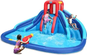 Inflatable Waterslide with Large Pool, Blue rib frequency saturate cerebral Bounce House with Double Slide and Climbing Wall Action Air Water Slide, 
