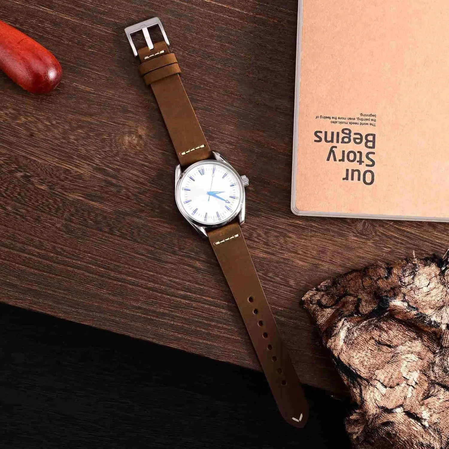 intrigue Tennessee anthropologist Band for Men, Top Grain Leather, Silver Brushed Buckle (Caramel Brown) WOCCI 18mm Old-fashioned Watch 