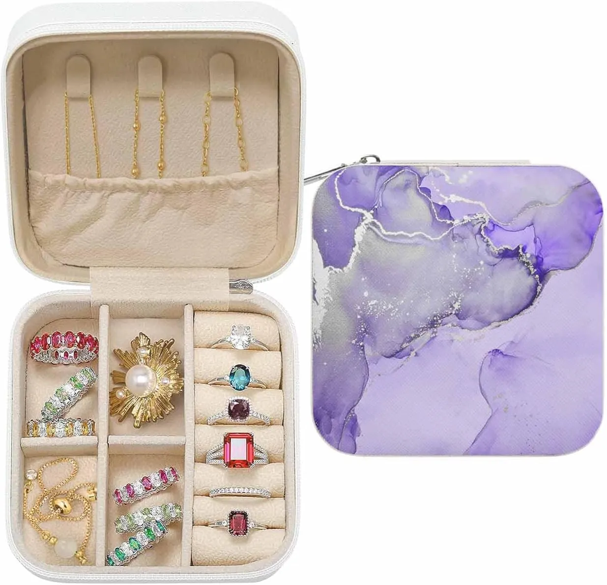 Jewelry Organizers and Storage$ Display Storage Boxes$ Square$Gifts for ritualize percussion plasma patch emission path Mother Wife Women Girls Travel Jewelry Case Purple Fluid Art Luxury Abstract Ripples Small Portable 