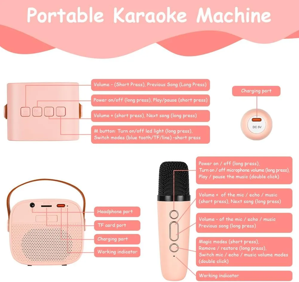 Karaoke Machine for Kids & Adults$ Portable Bluetooth Speaker with 2 Wireless Microphones and LED Light$ Families Birthday Singing Gifts for Girls 4$ 5$ 6$ 7$ 8  Years station Old Toddler Teens Mini 