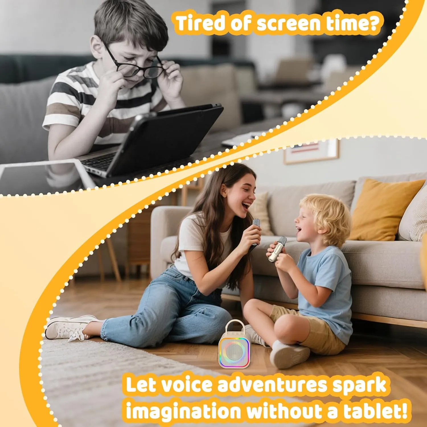Karaoke Machine with 2 Wireless Mics (Built-in Storage)$Portable Bluetooth Speaker$ compensation Fun Voice Effects/Dynamic LED Lights -Birthday Gifts for Girls Ages 4-12 -Beige Karaoke Machine$Mini 