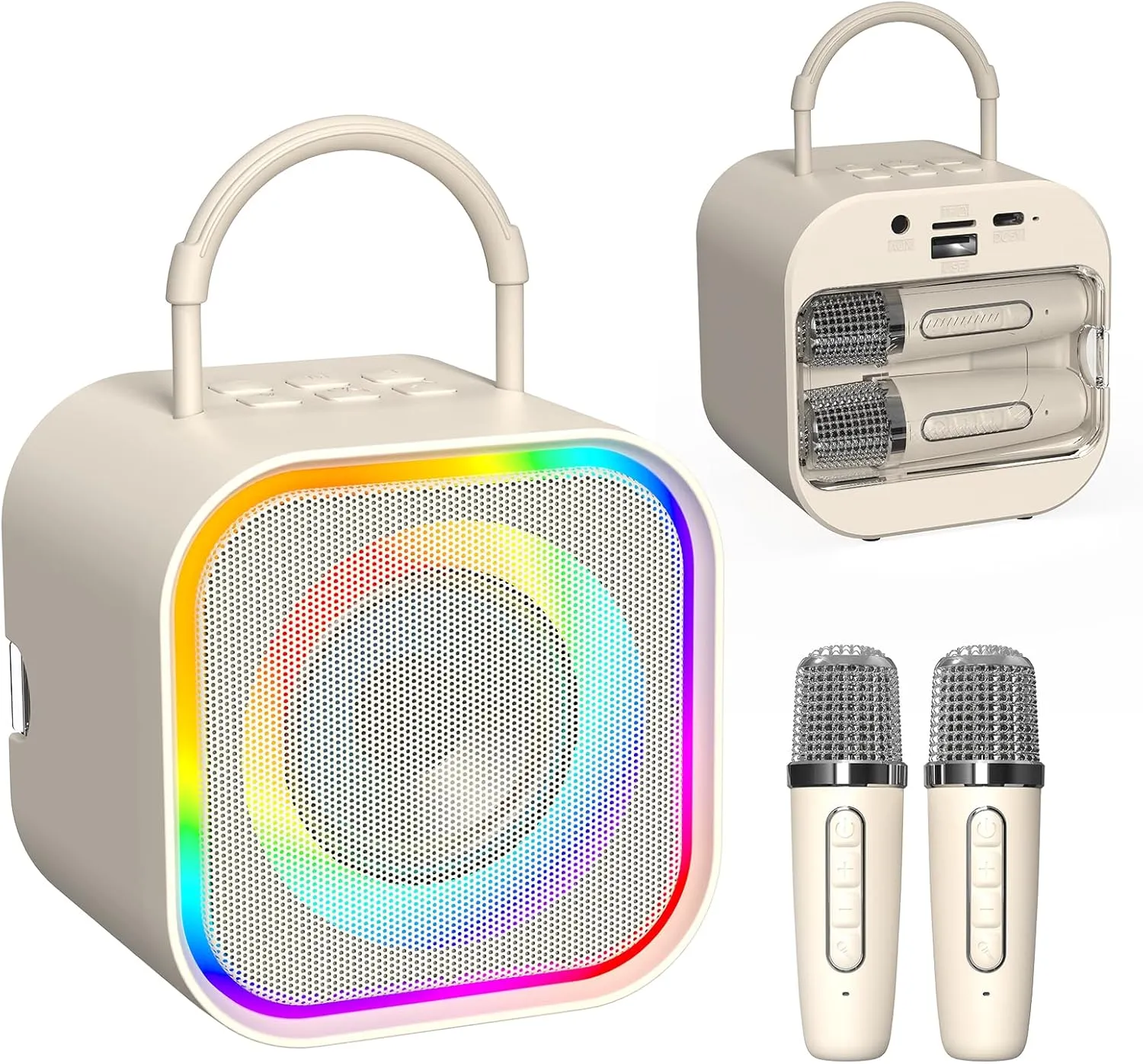 Karaoke Machine with 2 Wireless Mics (Built-in Storage)$Portable Bluetooth Speaker$ compensation Fun Voice Effects/Dynamic LED Lights -Birthday Gifts for Girls Ages 4-12 -Beige Karaoke Machine$Mini 