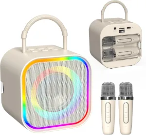 Karaoke Machine with 2 Wireless Mics (Built-in Storage)$Portable Bluetooth Speaker$ compensation Fun Voice Effects/Dynamic LED Lights -Birthday Gifts for Girls Ages 4-12 -Beige Karaoke Machine$Mini 