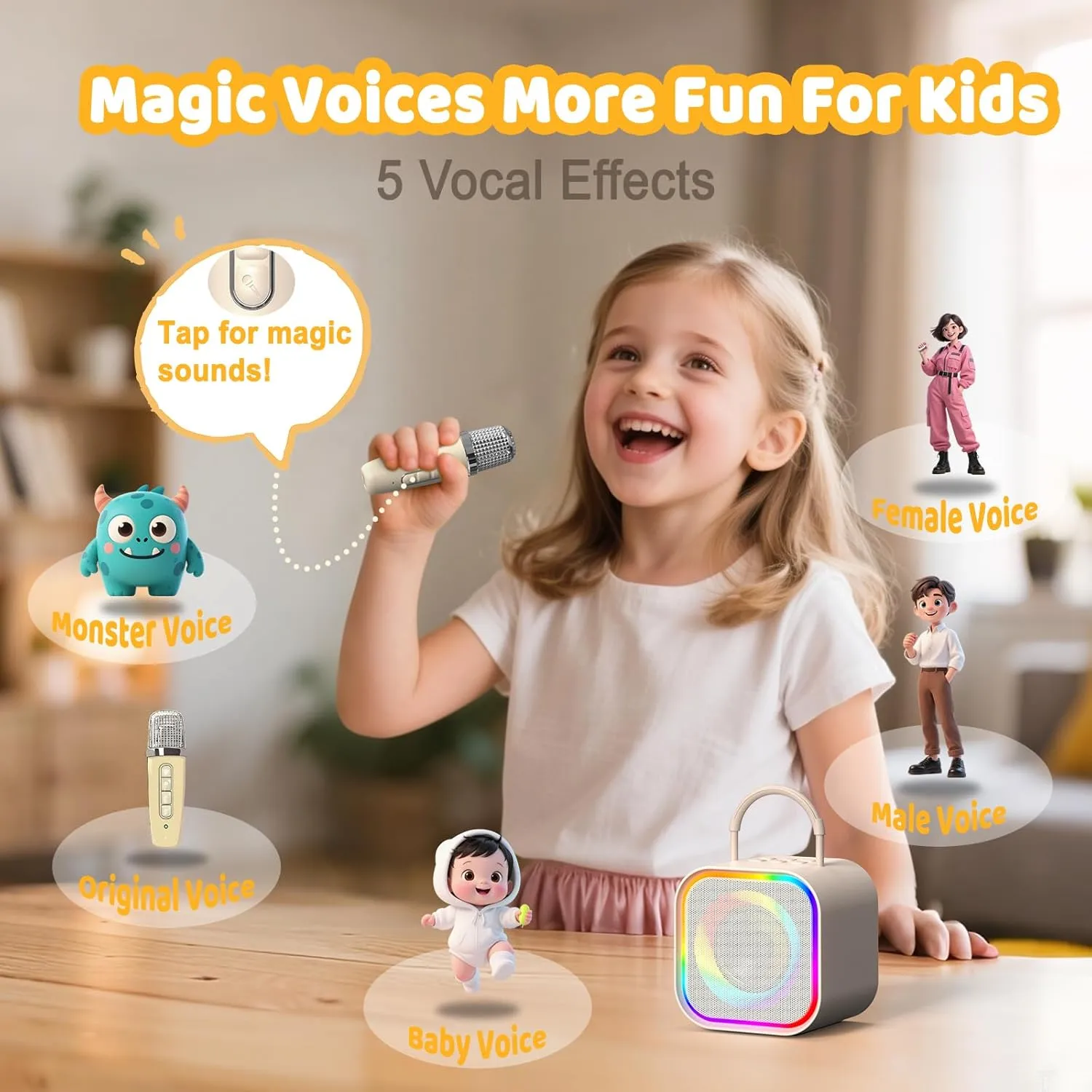 Karaoke Machine with 2 Wireless Mics (Built-in Storage)$Portable Bluetooth Speaker$ compensation Fun Voice Effects/Dynamic LED Lights -Birthday Gifts for Girls Ages 4-12 -Beige Karaoke Machine$Mini 