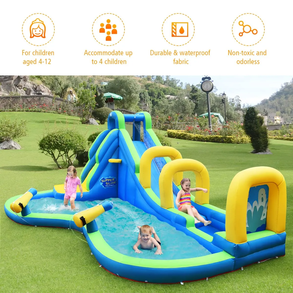 Kids Inflatable Water Slide, 5 in 1 Giant Water Slide Bouncer Park w/Splash Pool (with 680W Blower)